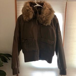 Dark Green Bomber Jacket with Faux Fur